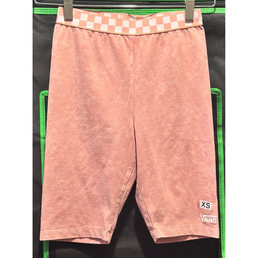 Vans Womens XS Pink Acid Wash Bike Shorts Checkerboard Waistband Logo Athletic